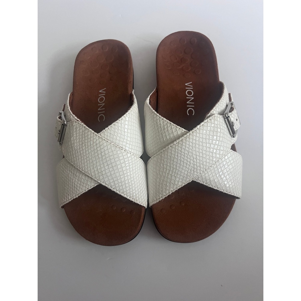 Vionic Dorie White Snakeskin Embossed Leather Slide Sandals Womens 8 341DORIE